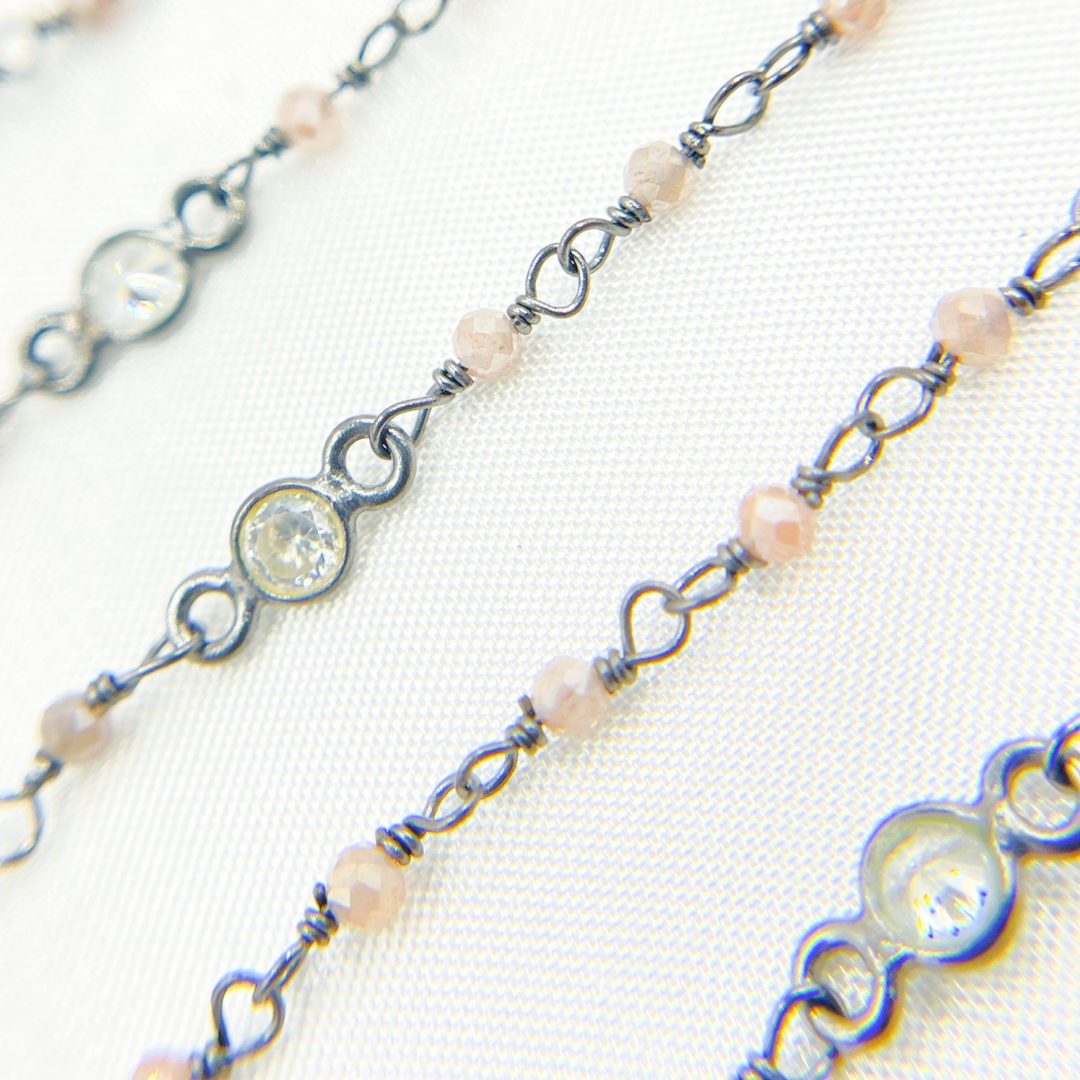 Coated Peach Moonstone & CZ Oxidized Wire Chain. CMS65