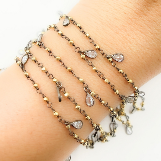 Golden Pyrite & CZ Dangle Oxidized Wire Chain.
