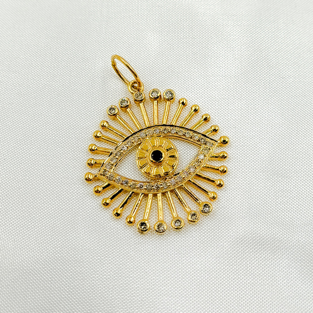 14K Solid Gold Circle Evil Eye Pendant with Diamonds, Ruby and Blue Sapphire. GDP326