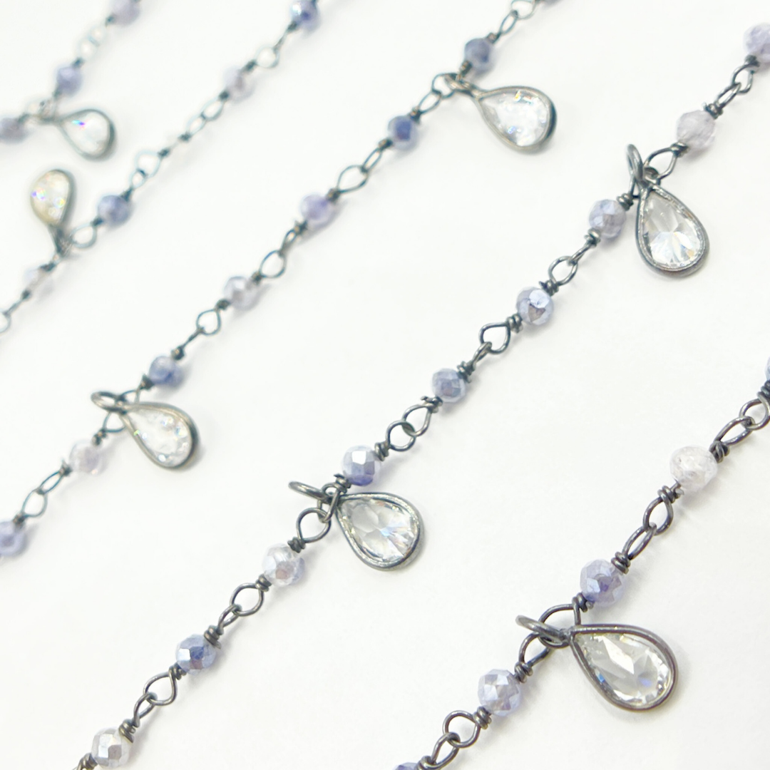 Coated Blue Moonstone & CZ Dangle Oxidized Wire Chain. CMS37