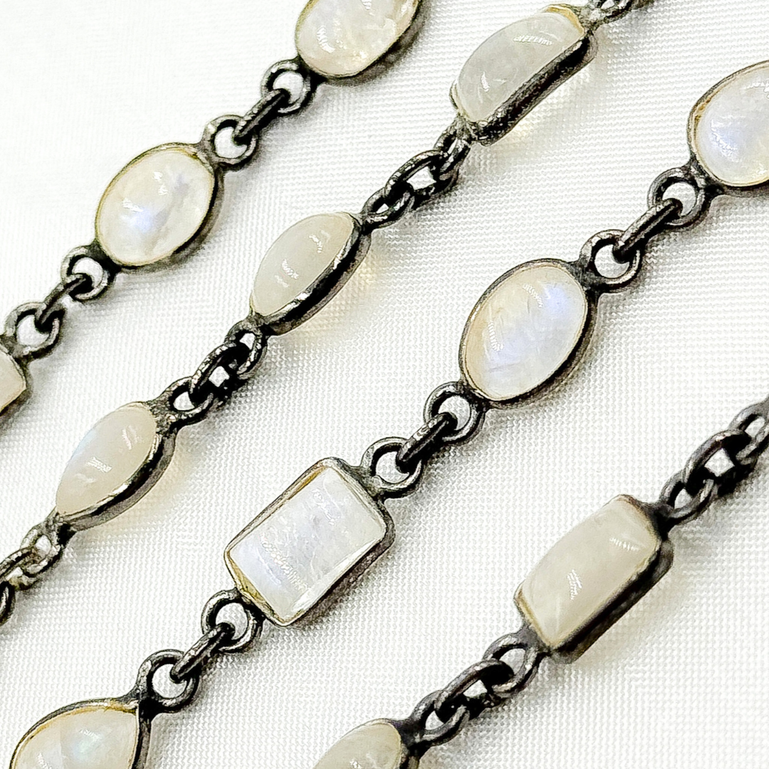 White Moonstone Mix Shape Bezel Oxidized Wire Chain. WMS39