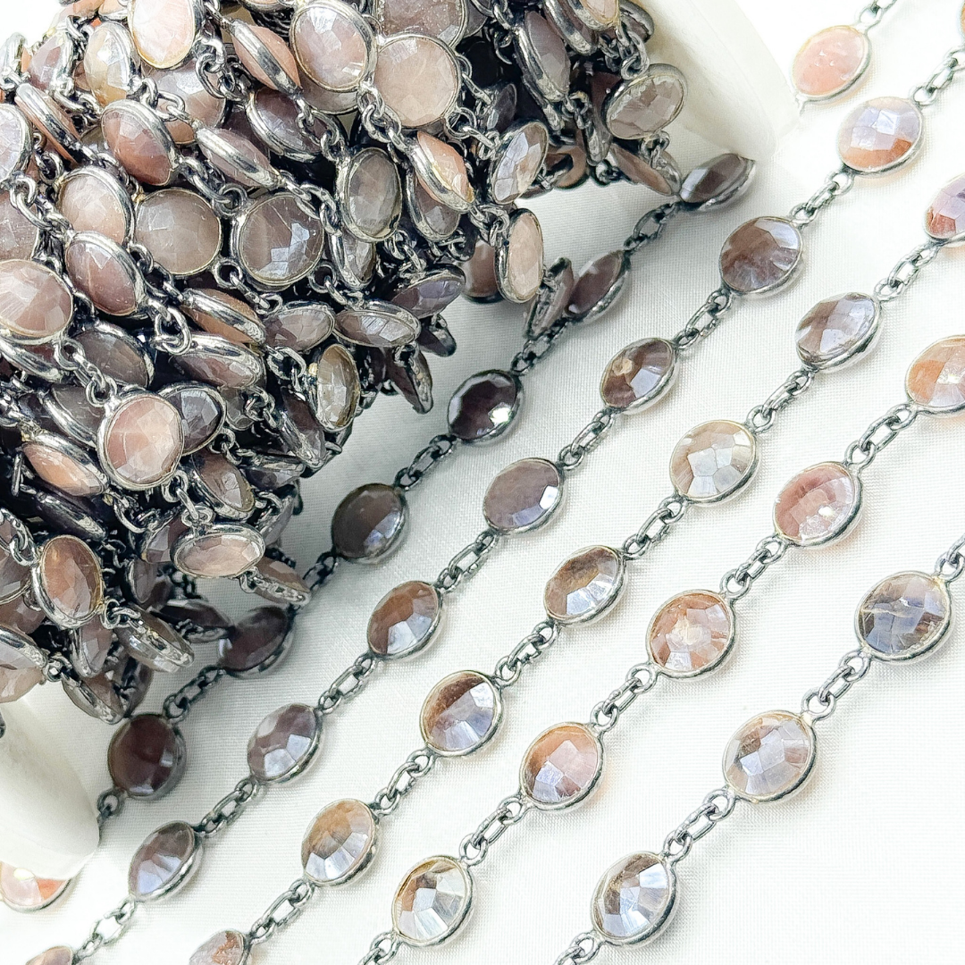 Coated Chocolate Moonstone Round Shape Bezel Oxidized Wire Chain. CMS13