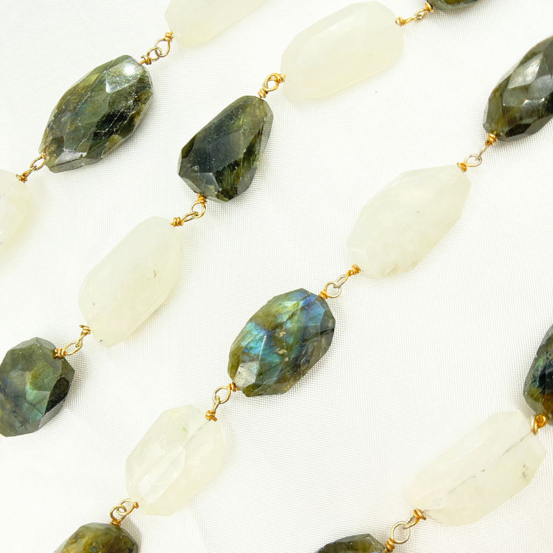 Labradorite & White Rainbow Organic Moonstone Gold Plated Wire Chain. LMS3