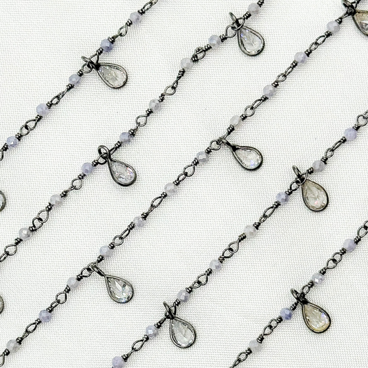 Coated Blue Quartz & CZ Dangle Oxidized Wire Chain. CQU42