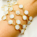 Load image into Gallery viewer, White Moonstone Round Shape Bezel Gold Plated Wire Chain. WMS10
