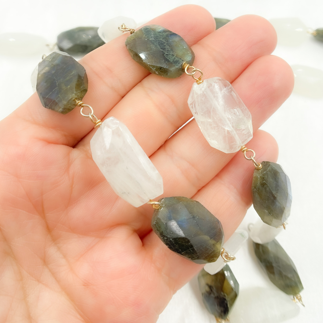 Labradorite & White Rainbow Organic Moonstone Gold Plated Wire Chain. LMS3