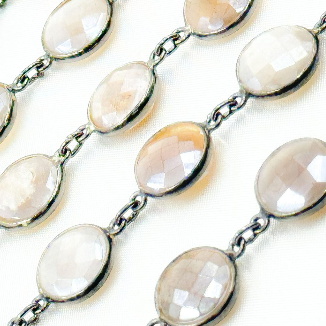 Coated Brown Moonstone Round Shape Bezel Oxidized Wire Chain. CMS8