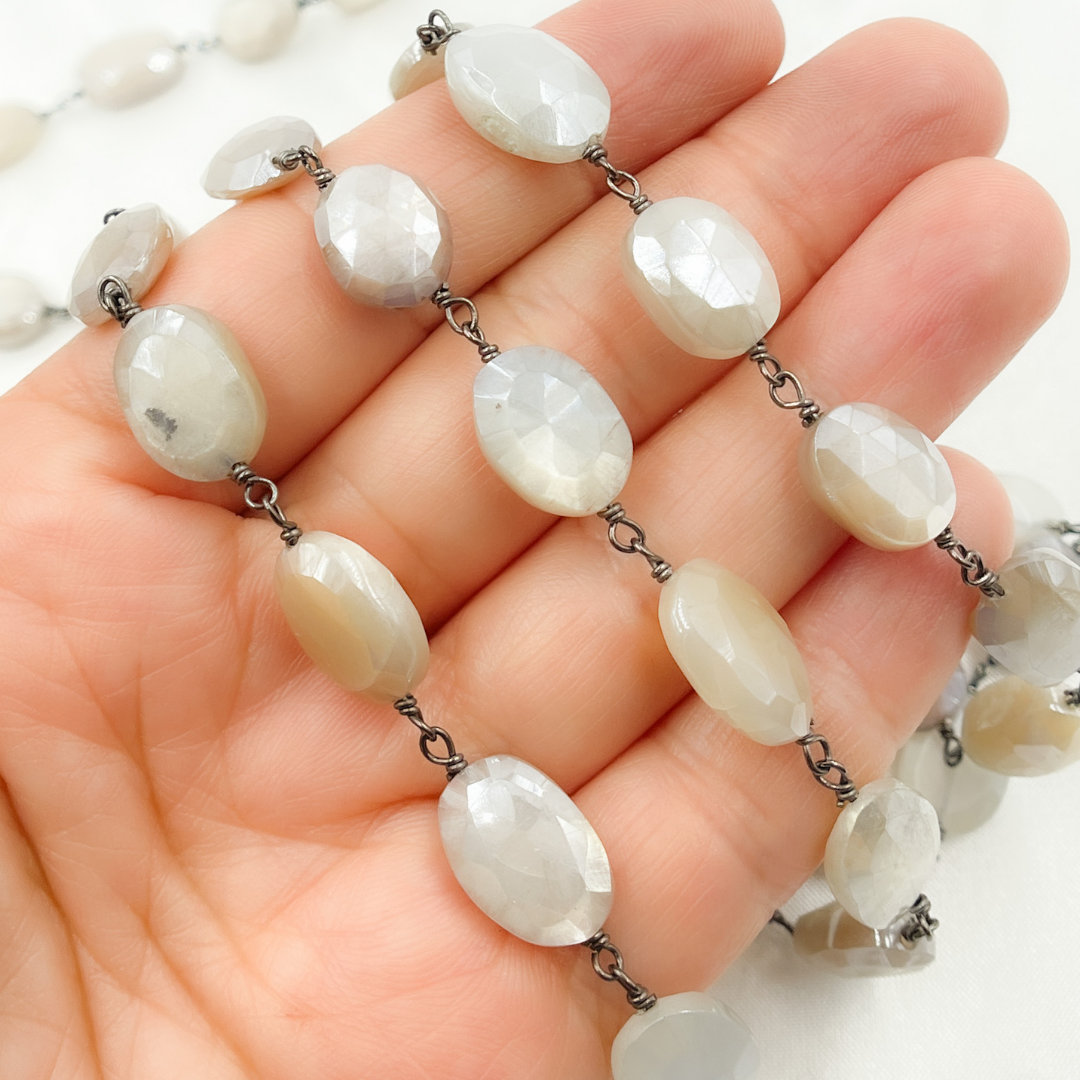 Coated Oval Moonstone Oxidized Wire Chain. CMS76