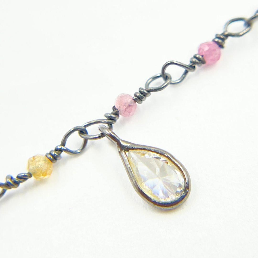 Multi Tourmaline & CZ Dangle Oxidized Wire Chain. MTO2