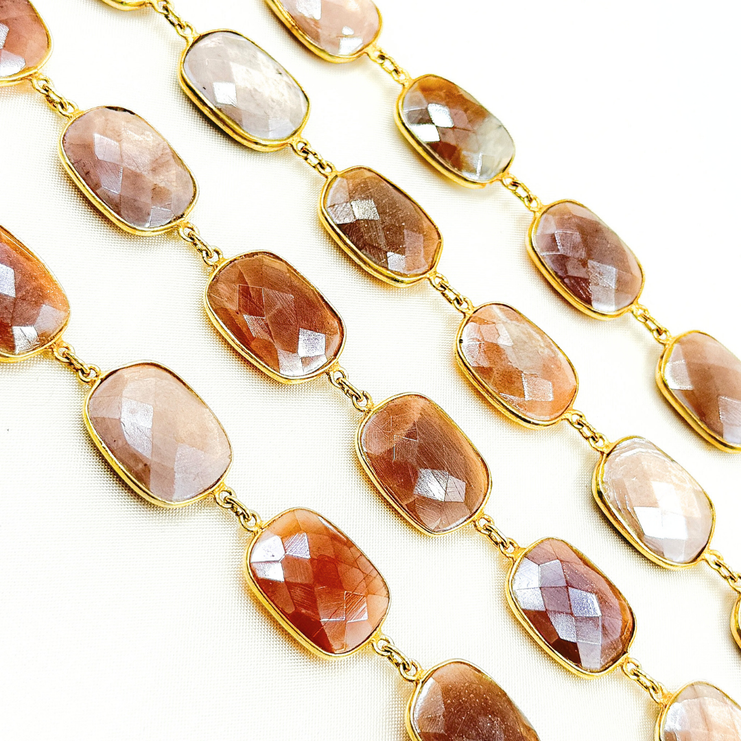 Coated Chocolate Moonstone Rectangular Shape Bezel Gold Plated Silver Wire Chain. CMS29