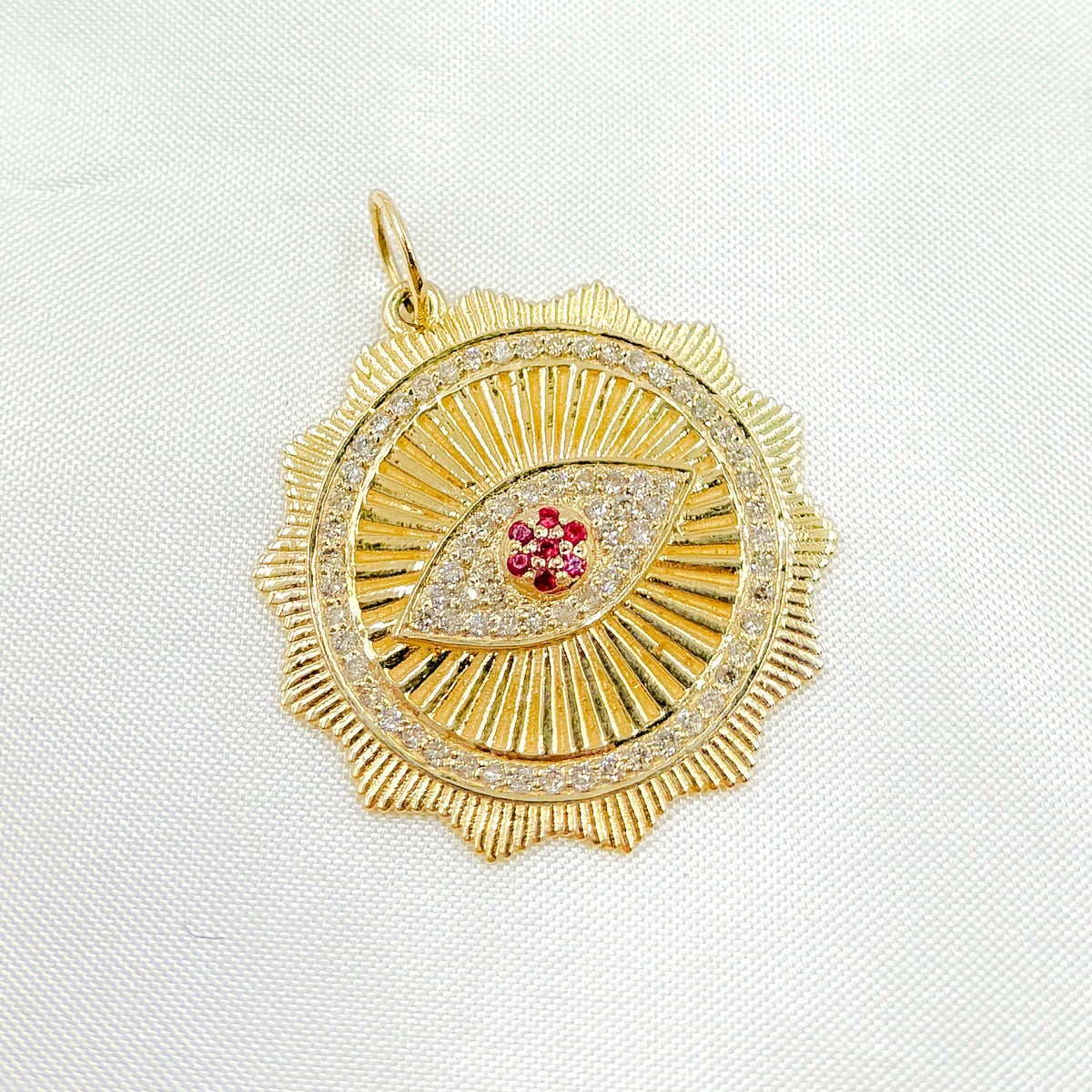 14K Solid Gold Diamond & Ruby Evil Eye Charm. GDP330