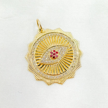 14K Solid Gold Diamond & Ruby Evil Eye Charm. GDP330