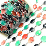 Load image into Gallery viewer, Green, Black &amp; Red Onyx Organic Shape Bezel Oxidized Silver Wire Chain. MMS25