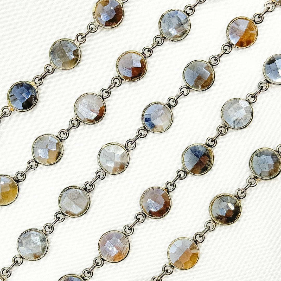 Coated Grey Moonstone Round Shape Bezel Oxidized Wire Chain. CMS104