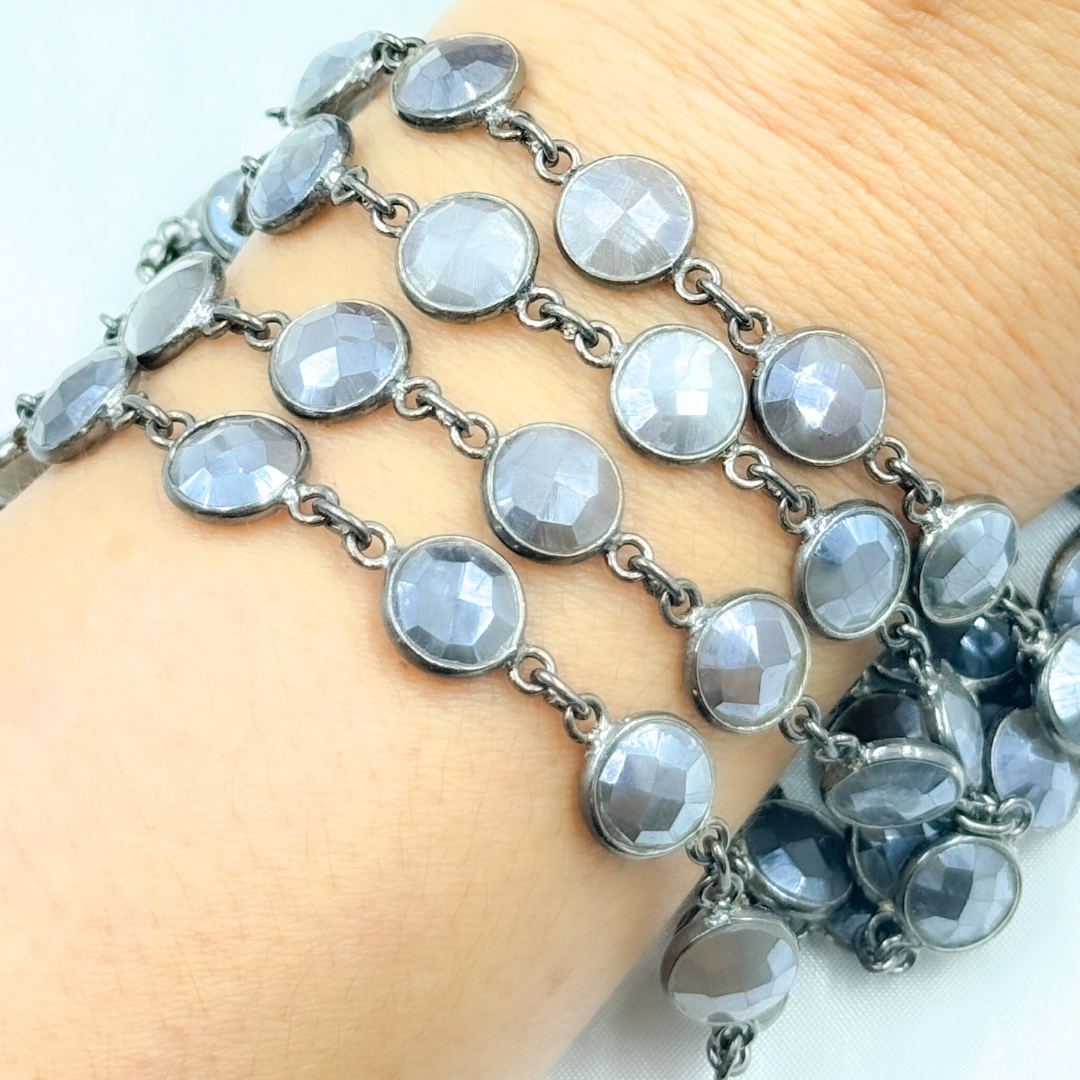 Coated Grey Moonstone Round Shape Bezel Oxidized Wire Chain. CMS104