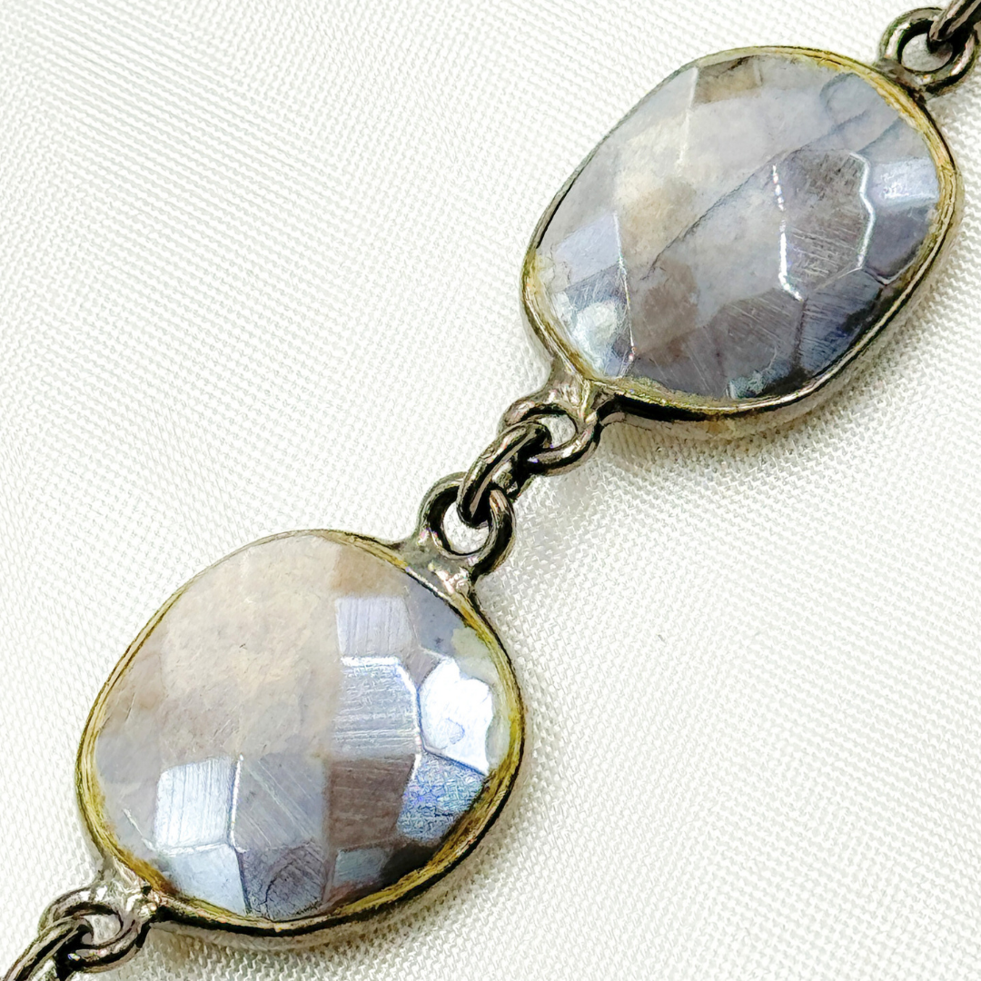 Coated Grey Moonstone Organic Shape Bezel Oxidized Wire Chain. CMS3