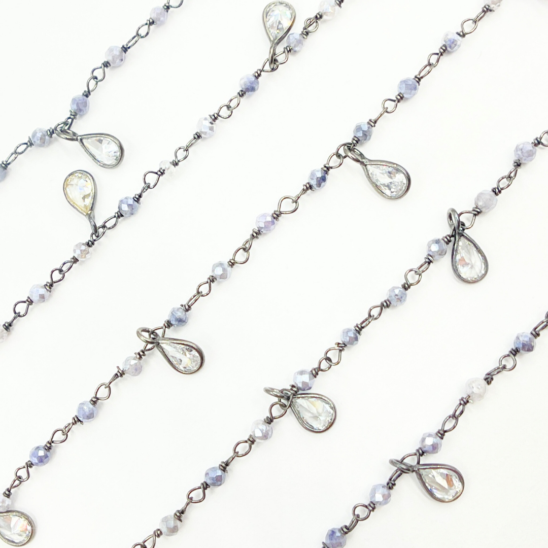 Coated Blue Moonstone & CZ Dangle Oxidized Wire Chain. CMS37