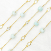 Peruvian Opal Rondel Shape & White Topaz Gold Plated Connected Wire Chain.