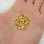 Load image into Gallery viewer, 14K Solid Gold Circle Evil Eye Pendant with Diamonds, Ruby and Blue Sapphire. GDP326
