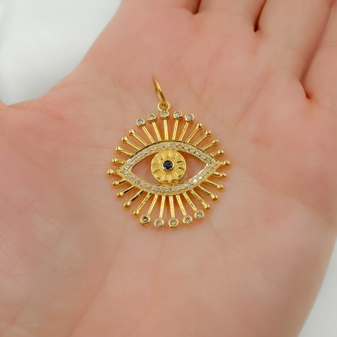 14K Solid Gold Circle Evil Eye Pendant with Diamonds, Ruby and Blue Sapphire. GDP326