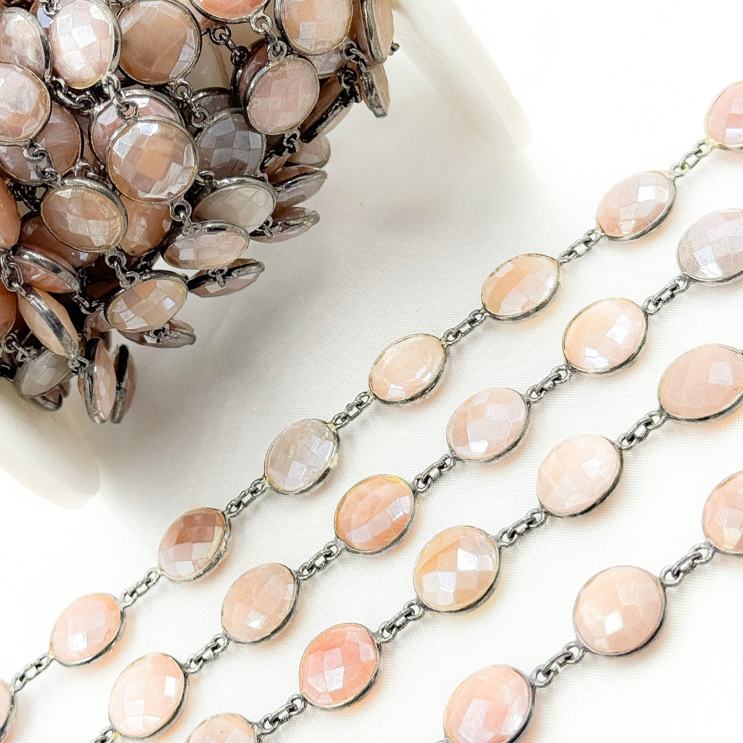 Coated Peach Moonstone Round Shape Bezel Oxidized Wire Chain. CMS111