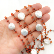 Carnelian & Pearl Round Shape Oxidized Wire Chain.