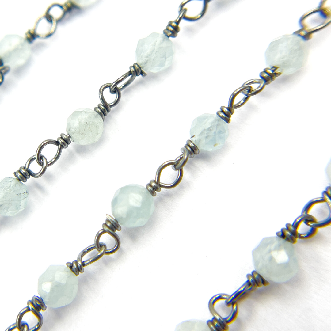 Aqua Blue gemstone Oxidized 925 Sterling Silver Wire Chain. AQU2