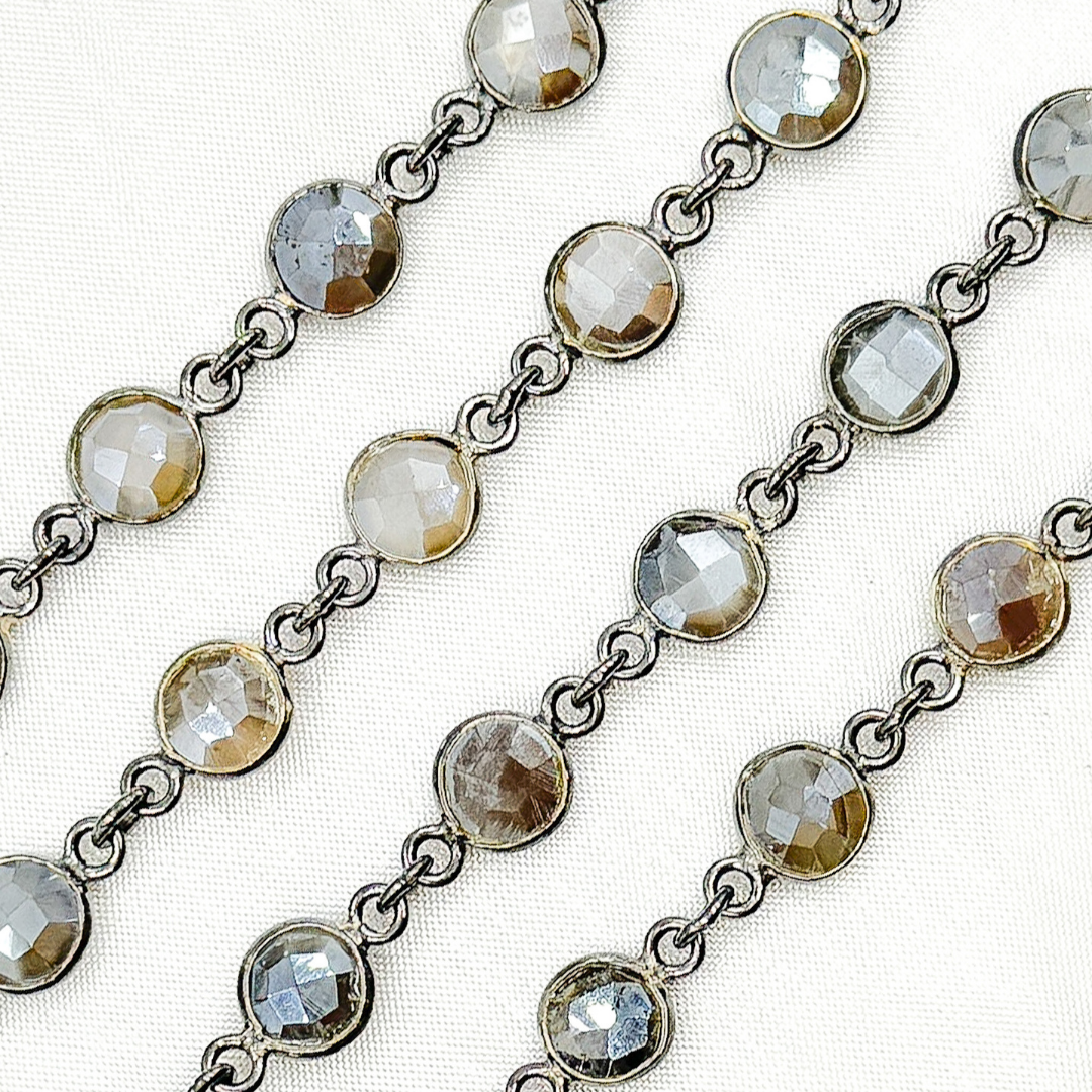 Coated Grey Moonstone Round Shape Bezel Oxidized Wire Chain. CMS103