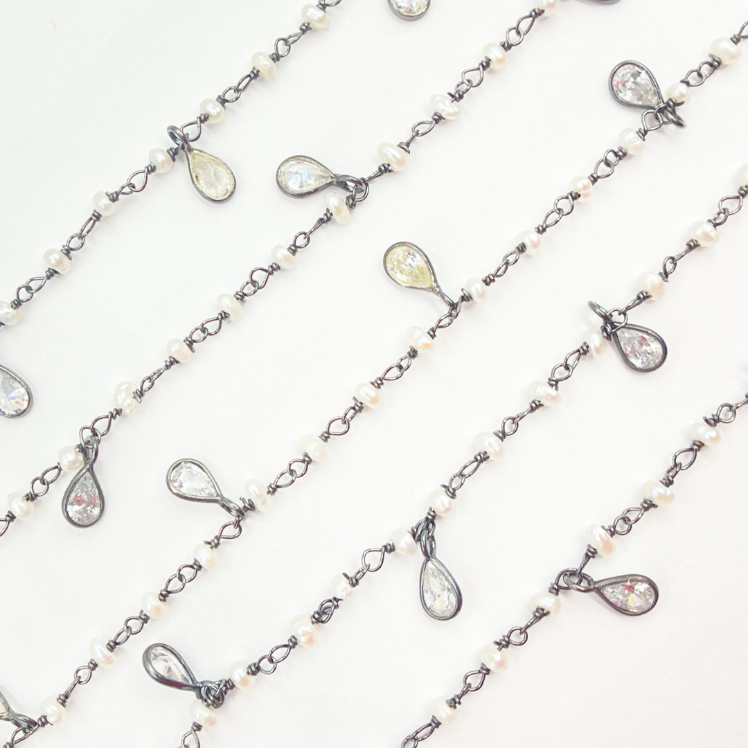 Pearl & CZ Dangle Oxidized Wire Chain. PRL10