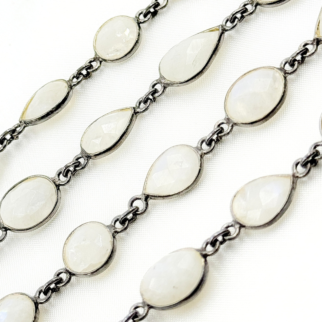 White Moonstone Oval & Pear Shape Bezel Oxidized Wire Chain. WMS36