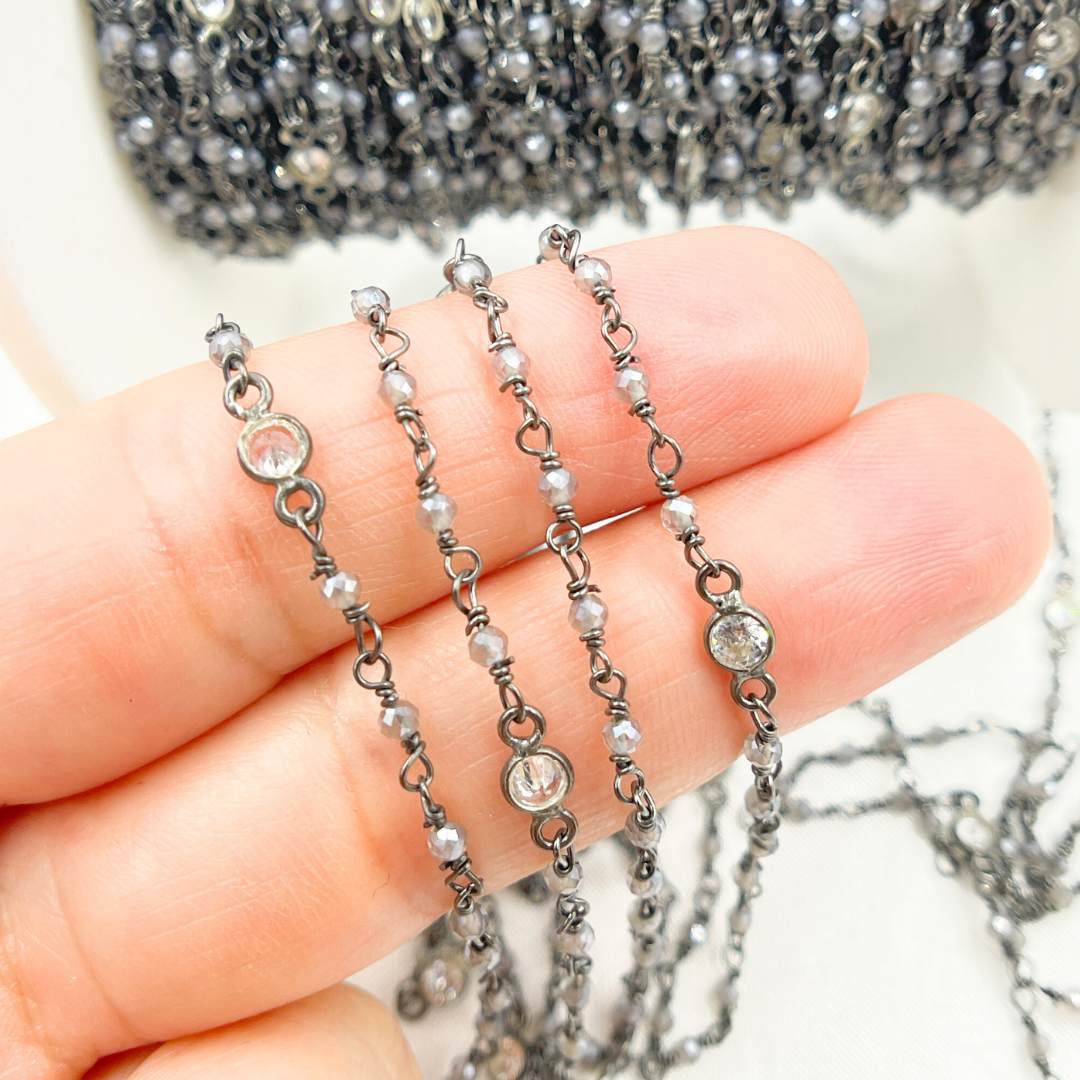 Coated Gray Moonstone & Round CZ Wire Wrap Chain made with Black Rhodium 925 Sterling Silver. CMS55