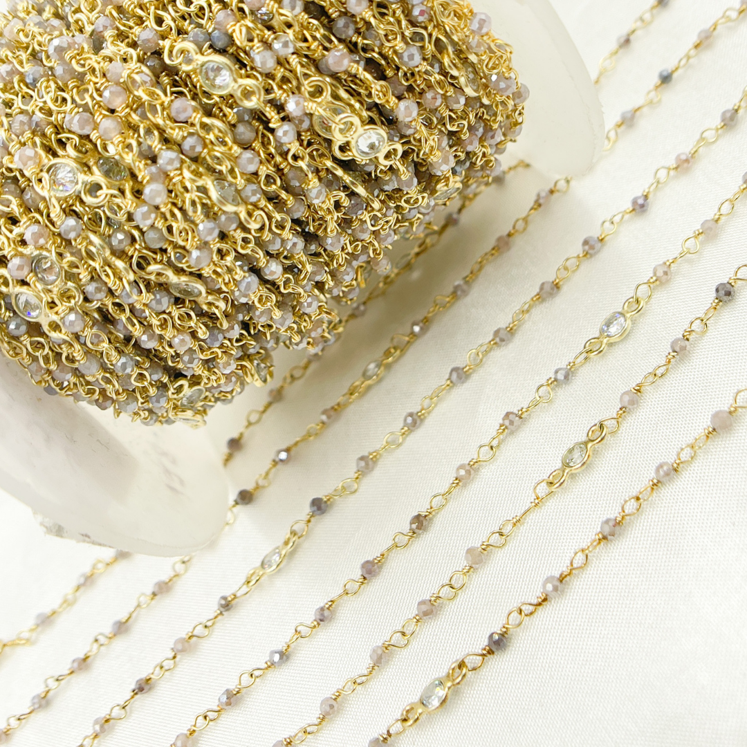 Coated Multi Moonstone & CZ Gold Plated Wire Chain. CMS66