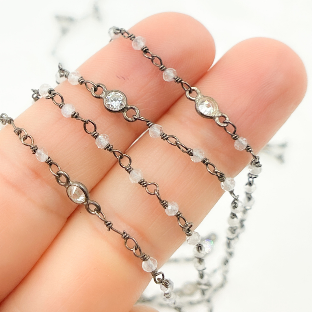 Coated Moonstone & CZ Combination Oxidized Wire Chain. CMS63