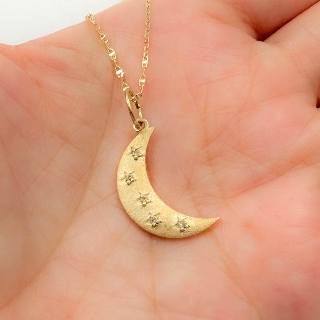 14K Solid Gold Moon Charm With Diamond Stars. GDP78