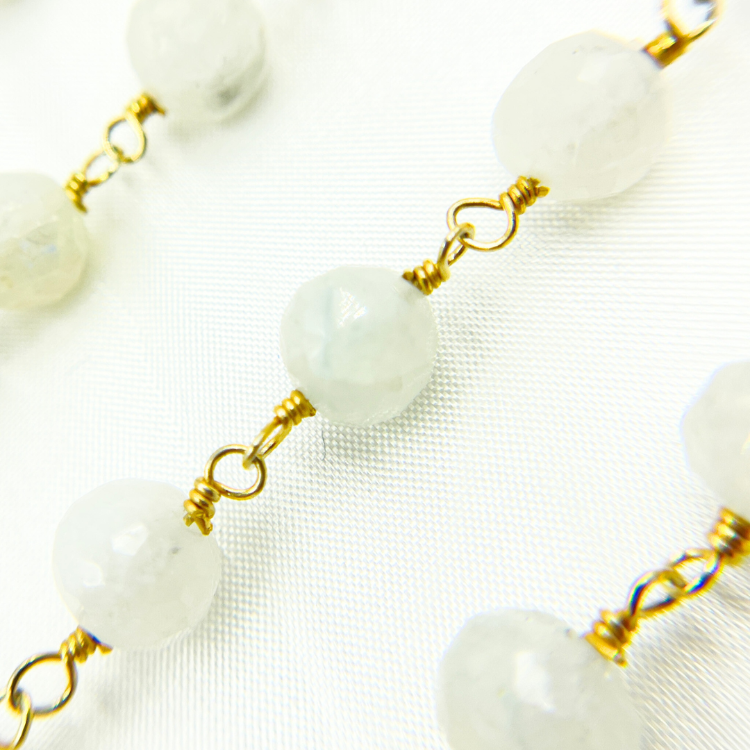 White Rainbow Round Moonstone Gold Plated Wire Chain. MS51