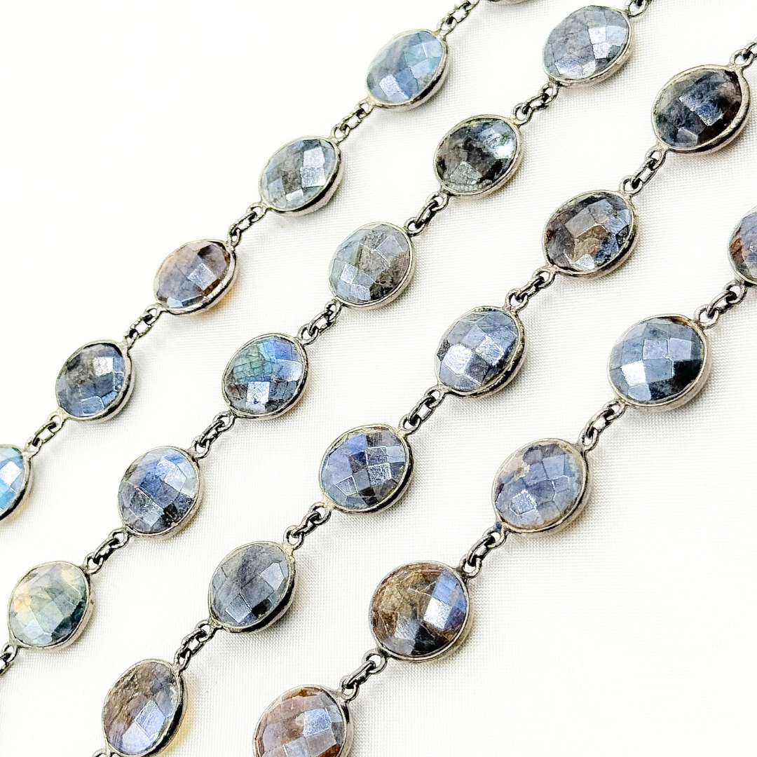 Coated Labradorite Round Shape Bezel Oxidized Wire Chain. CLB70
