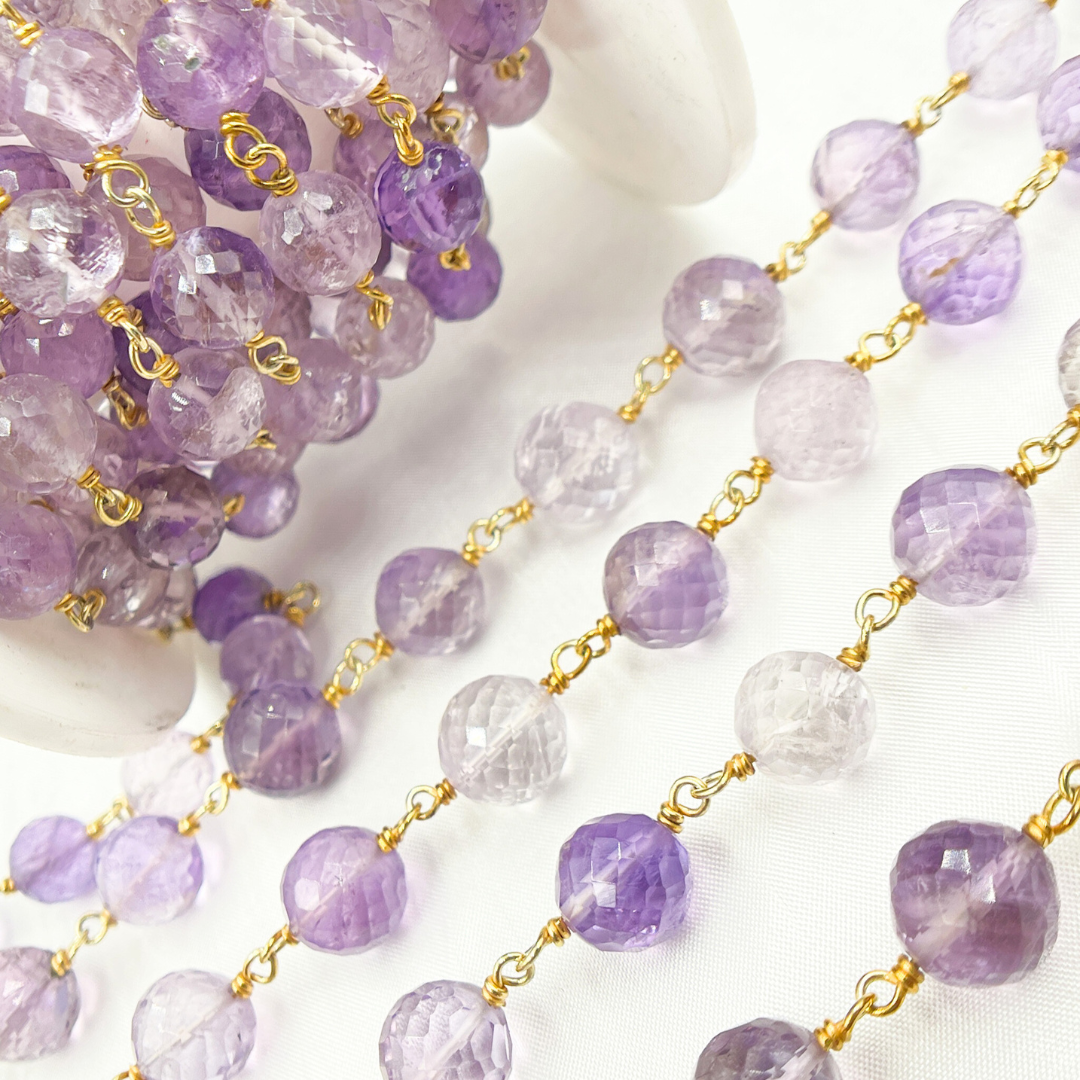 Pink Amethyst Round Shape Gold Plated Wire Chain. AME13