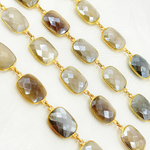 Load image into Gallery viewer, Coated Grey Moonstone Rectangular Shape Bezel Gold Plated Silver Wire Chain. CMS27
