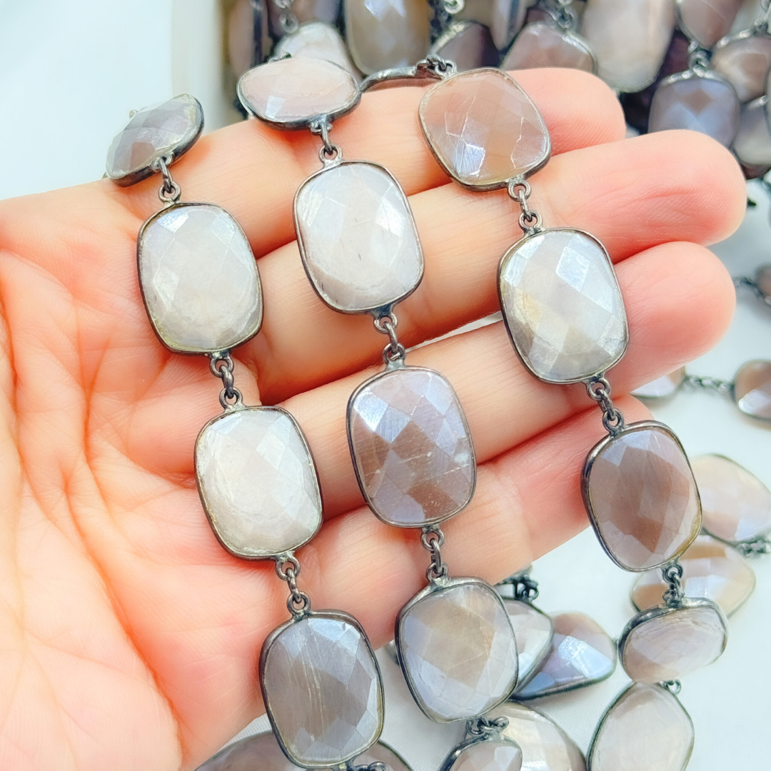 Coated Taupe Moonstone Rectangular Shape Bezel Oxidized Wire Chain. CMS99