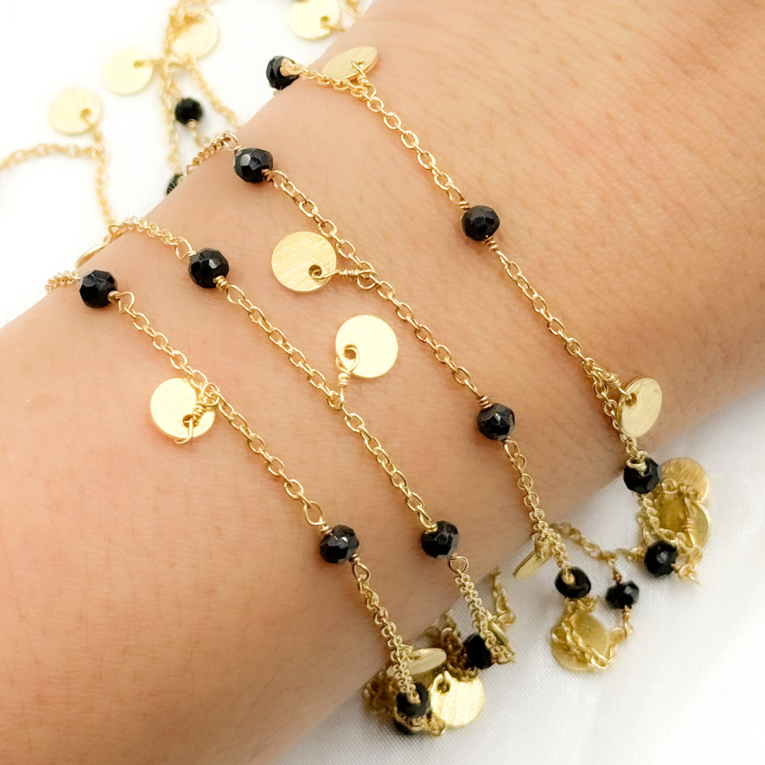 Black Spinel and Dangle Disc Gold Plated Wire Chain. BSP34