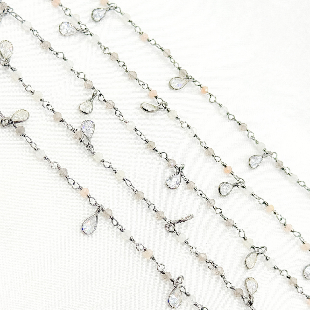 Multi Moonstone & CZ Dangle Oxidized Wire Chain. MMS6