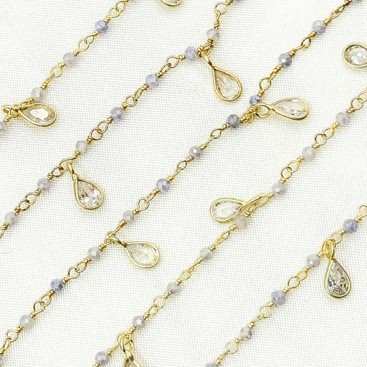 Coated Blue Quartz & CZ Dangle Gold Plated Wire Chain. CQU46
