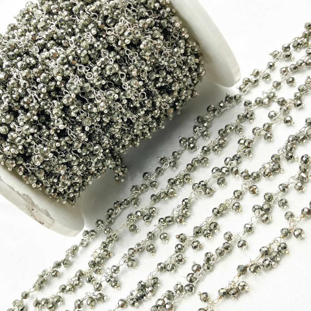 Steel Pyrite Cluster Dangle 925 Sterling Silver Wire Chain. PYR61