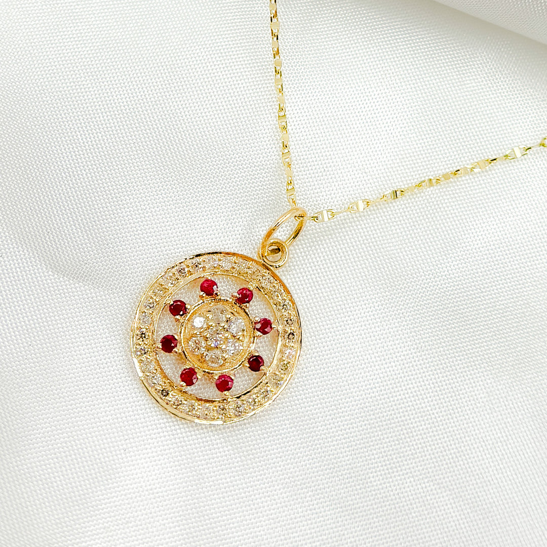 14K Solid Gold Circle Pendant with Diamonds & Ruby or Blue Sapphire Stone. GDP362