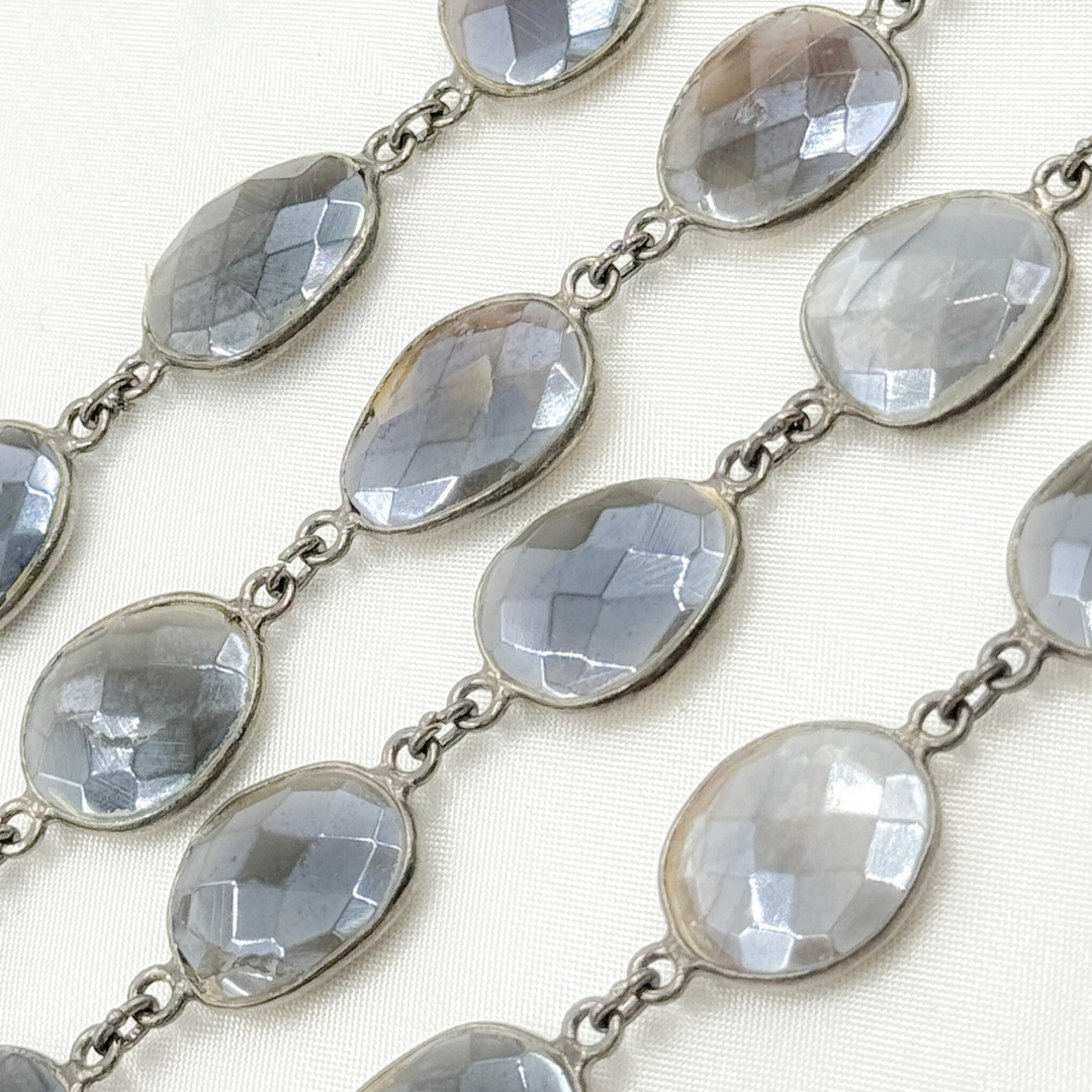 Coated Grey Moonstone Organic Shape Bezel Oxidized Wire Chain. CMS3