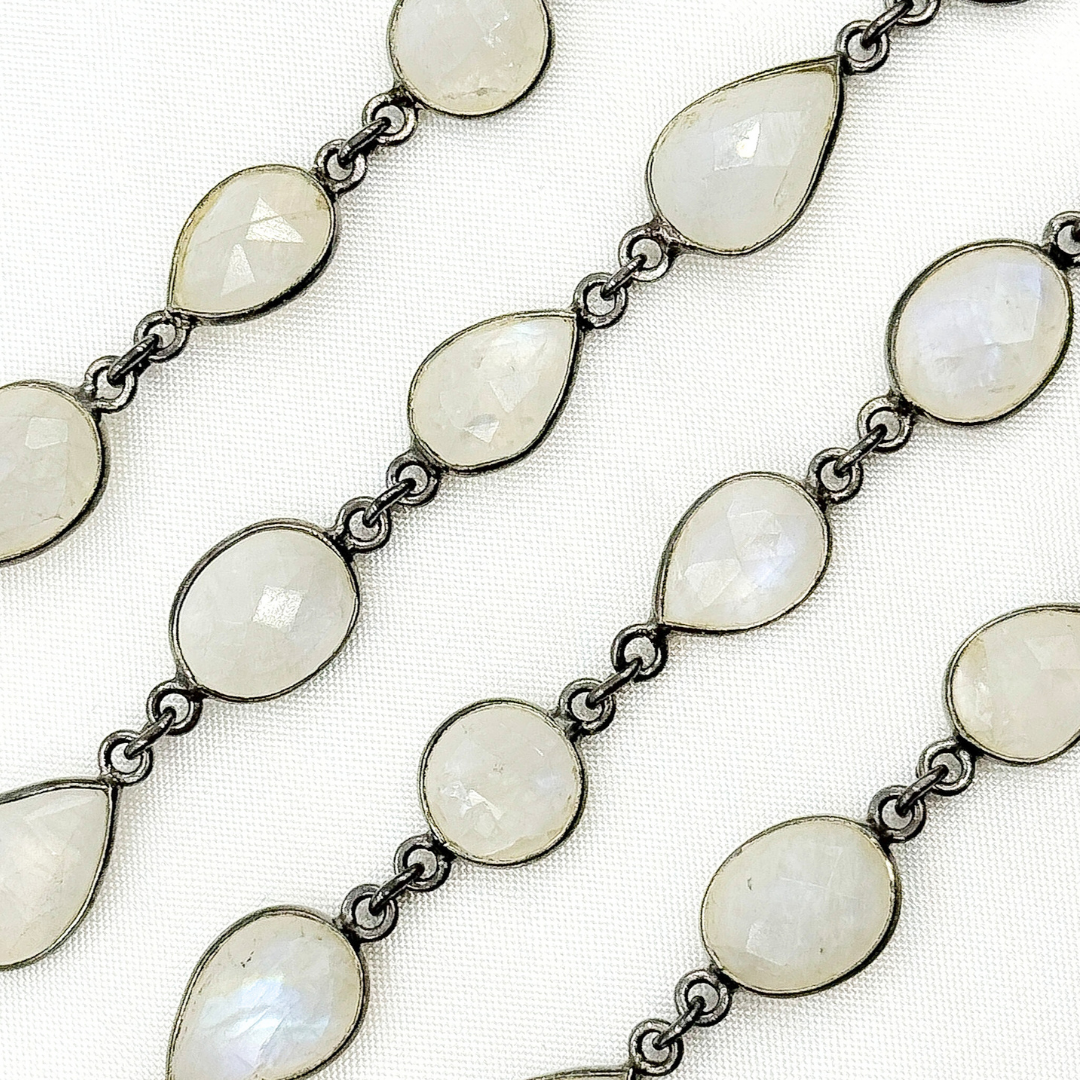 White Moonstone Oval & Pear Shape Bezel Oxidized Wire Chain. WMS36