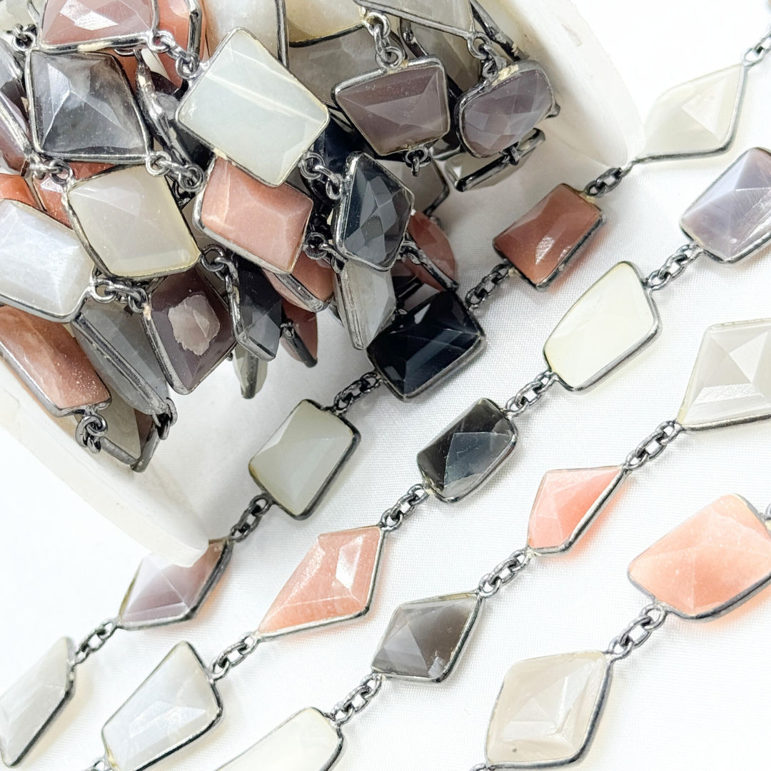 Multi Moonstone Organic Shape Bezel Oxidized Silver Wire Chain. MMS1