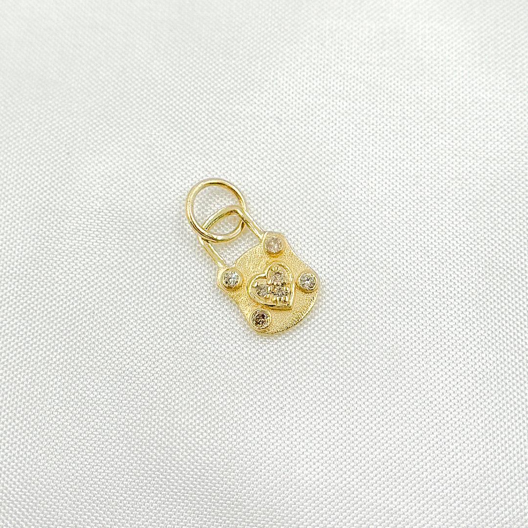 14K Solid Gold with Diamond Lock Charm with Heart in the Center. GDP553