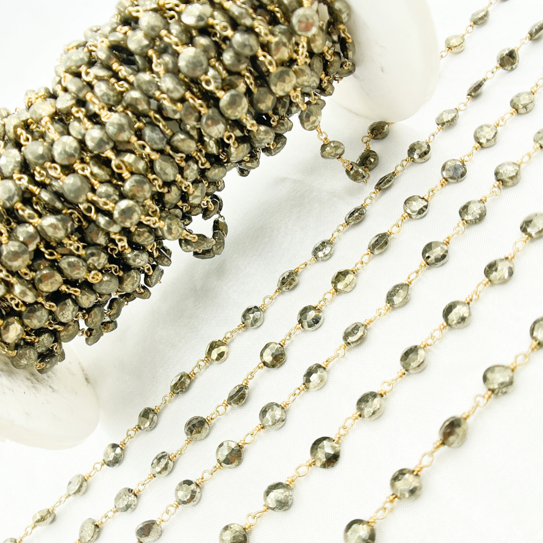 Pyrite Small Coin Shape Gold Plated Wire Chain. PYR49