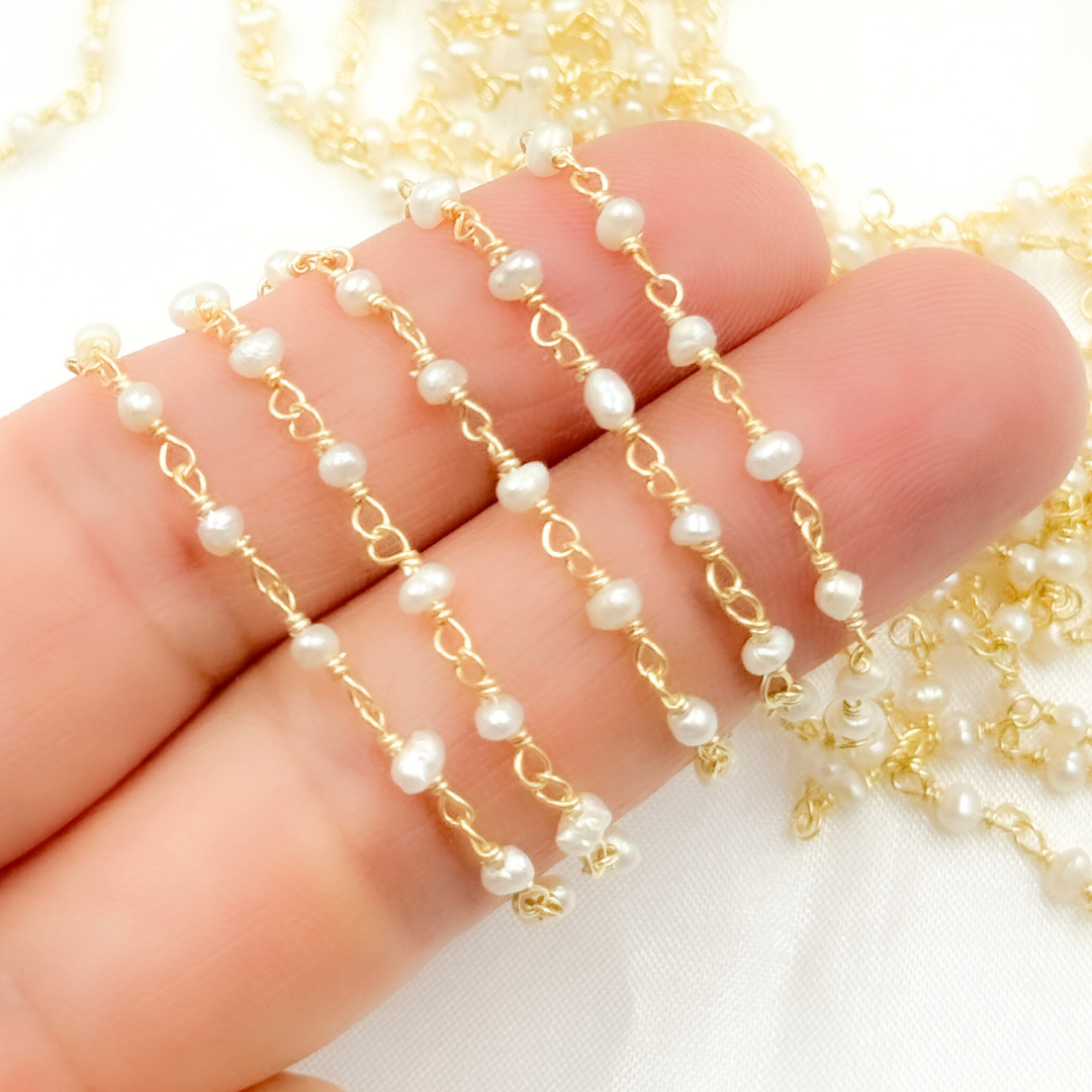White Freshwater Pearl Gold Plated Wire Chain. PRL55